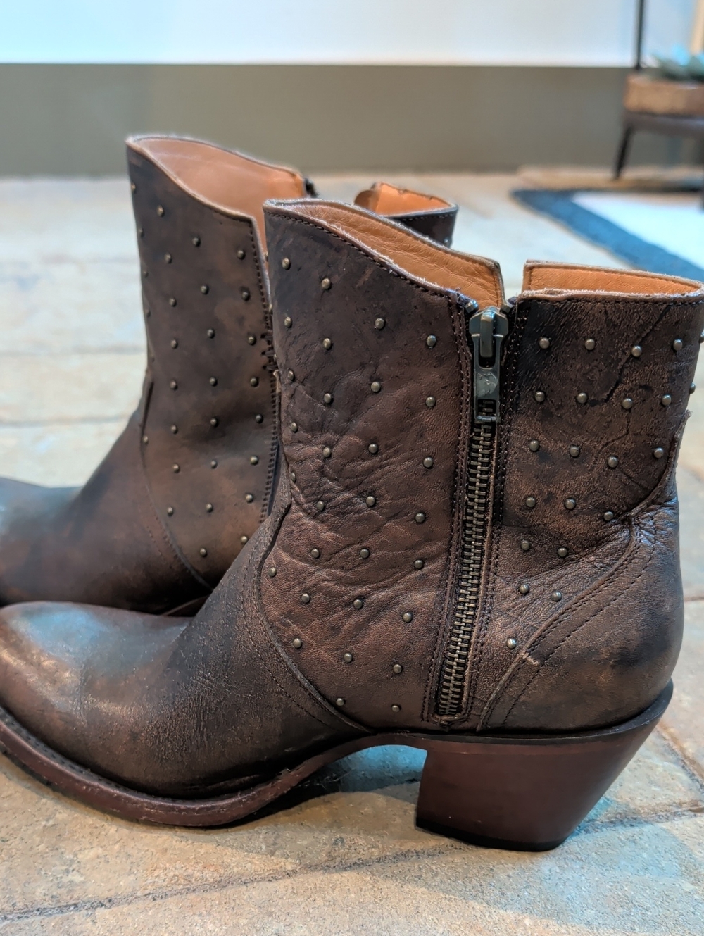 Lucchese Dark Brown Studded Genuine Leather Ankle Boots with Side Zip.Size 9